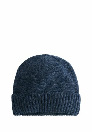 Knit beanie in dark navy, featuring a ribbed cuff and smooth texture, constructed from warm fabric for comfort.