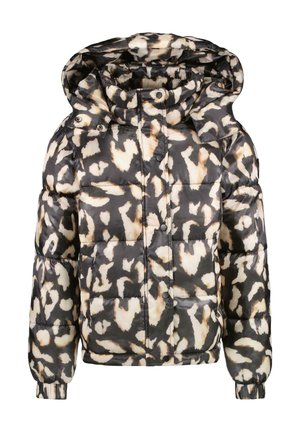 Gevoerd jack met een zwart, beige en crèmekleurig abstract patroon. Voorzien van een capuchon, drukknoopsluiting en elastische manchetten voor een goede pasvorm.