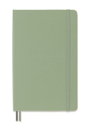 Soft green Wellness Journal with elastic band closure and two ribbon bookmarks, closed, no visible writing inside.
