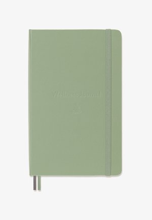 Soft green Wellness Journal with elastic band closure and two ribbon bookmarks, closed, no visible writing inside.