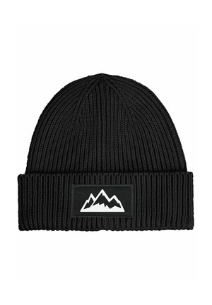 Black knitted beanie with a ribbed texture and a fold-over cuff. Features a white mountain design on a black patch.