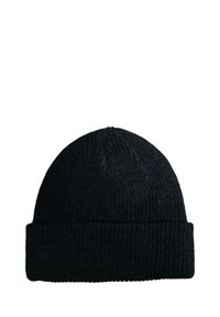 Chapeau en tricot noir avec une texture côtelée et un revers replié. Le dessus est arrondi avec de subtils accents de couture verticale.