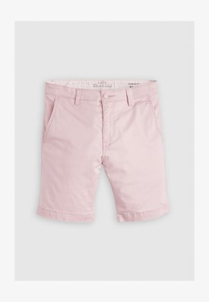 Pantaloni chino corti rosa chiaro realizzati in cotone, con una vestibilità standard, tasche frontali e risvolti. Include dettagli di cucitura sui punti di giunzione.