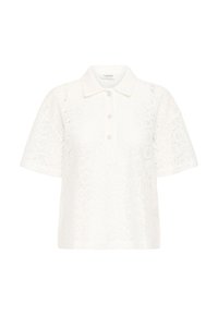 Bílá krajková polo košile s krátkými rukávy, s límečkem a zapínáním na tři knoflíky, s jemnými květinovými vzory a měkkou texturou.