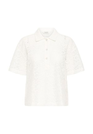 Polo shirt bianco in pizzo con maniche corte, caratterizzato da un colletto e chiusura a tre bottoni, intricati motivi floreali e una texture morbida.