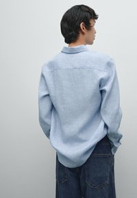 Camicia a righe azzurra chiara con spalle a yoke, maniche lunghe e orlo dritto, abbinata a pantaloni in denim scuro. Presenta sottili righe verticali.