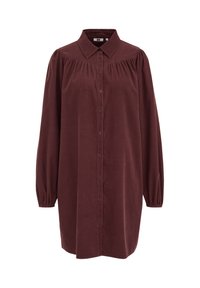 Vestito camicia bordeaux a maniche lunghe in morbido tessuto, con apertura a bottoni sul davanti, colletto e dettagli plissettati sulle spalle e sulle maniche.