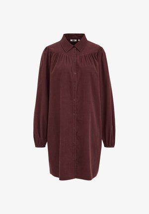 Vestito camicia bordeaux a maniche lunghe in morbido tessuto, con apertura a bottoni sul davanti, colletto e dettagli plissettati sulle spalle e sulle maniche.
