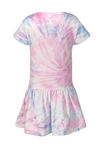 Abito a maniche corte con motivo tie-dye in rosa, blu e bianco. Gonna svasata con dettagli arricciati. Tessuto morbido, design casual.