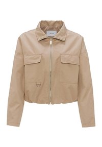 Beige verkürzte Jacke aus glattem Stoff. Verfügt über einen Stehkragen, einen Reißverschluss vorne und zwei Brusttaschen mit Klappe.
