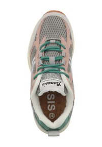Sneaker featuring a gray mesh upper, pink suede accents, teal laces, and a cork insole. Includes a white logo on the tongue and a rubber sole.