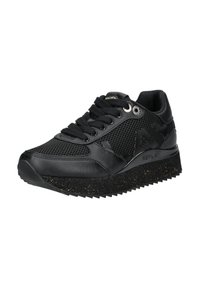 Sneakers neri con una parte superiore in rete e pelle, suola intermedia nera testurizzata con puntini dorati e suola a motivo. Presentano chiusura con lacci e accenti logo.