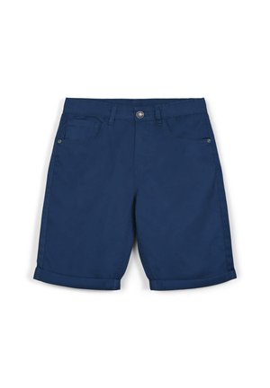 Pantaloni corti in cotone blu navy con un design classico, caratterizzati da risvolti, due tasche frontali e chiusura con bottone. Texture liscia e costruzione robusta.