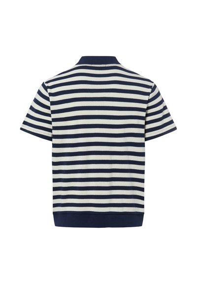 Chemise en maille à manches courtes rayée horizontalement bleu marine et blanc avec un col et un ourlet bleu marine, vue de dos.