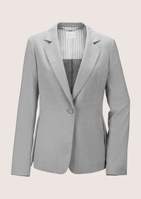 Lichtgrijze getailleerde damesblazer met inkeping revers, sluiting met een knoop en gestreepte binnenvoering.