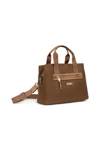 Borsa a tracolla in nylon marrone con due manici superiori, tracolla regolabile, tasca frontale con zip e rifiniture in pelle, e una cerniera lucida in argento.
