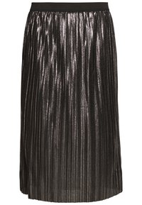 Jupe plissée noire avec une finition scintillante, dotée d'une large ceinture élastique et d'une longueur mi-mollet. Tissu texturé avec des lignes verticales.