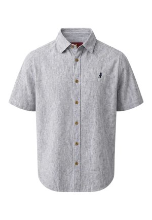 Helehall lühikeste varrukatega nööbitav särk, millel on peen vertikaalne muster ja vasakul rinnal väike tume tikandiga logo.