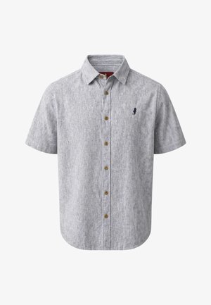 Helehall lühikeste varrukatega nööbitav särk, millel on peen vertikaalne muster ja vasakul rinnal väike tume tikandiga logo.