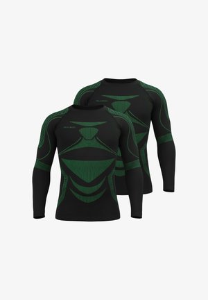 Black long-sleeve athletic shirts with green geometric designs across the chest and arms; features a crew neck and stretchy fabric for comfort.