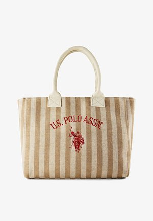 Beige-wit gestreepte draagtas met witte handvatten en rood U.S. Polo Assn. logo inclusief geborduurde polospeler aan de voorkant.