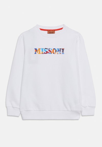 Sweat-shirt blanc à manches longues avec logo texte coloré "MISSONI" centré sur la poitrine, avec poignets et ourlet côtelés.