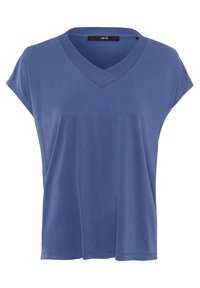 Haut bleu à manches courtes en V avec un col côtelé, fabriqué en tissu doux, présentant une coupe décontractée et sans motifs.