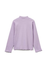Langärmliges Top aus leicht lavendelfarbenem Rippstoff mit Stehkragen und fransigem Saum. Verfügt über eine lockere Passform und strukturierte Oberfläche. Einfaches Design.