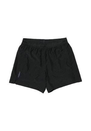 Czarne sportowe szorty o gładkiej fakturze, z elastycznym pasem, bocznymi rozcięciami i subtelnym logo po lewej stronie. Lekki materiał.