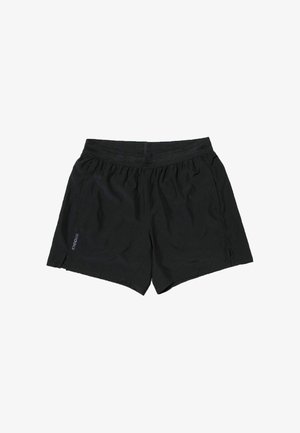 Pantalones cortos deportivos negros con textura suave, cintura elástica, aperturas laterales y un logo sutil en el lado izquierdo. Material ligero.