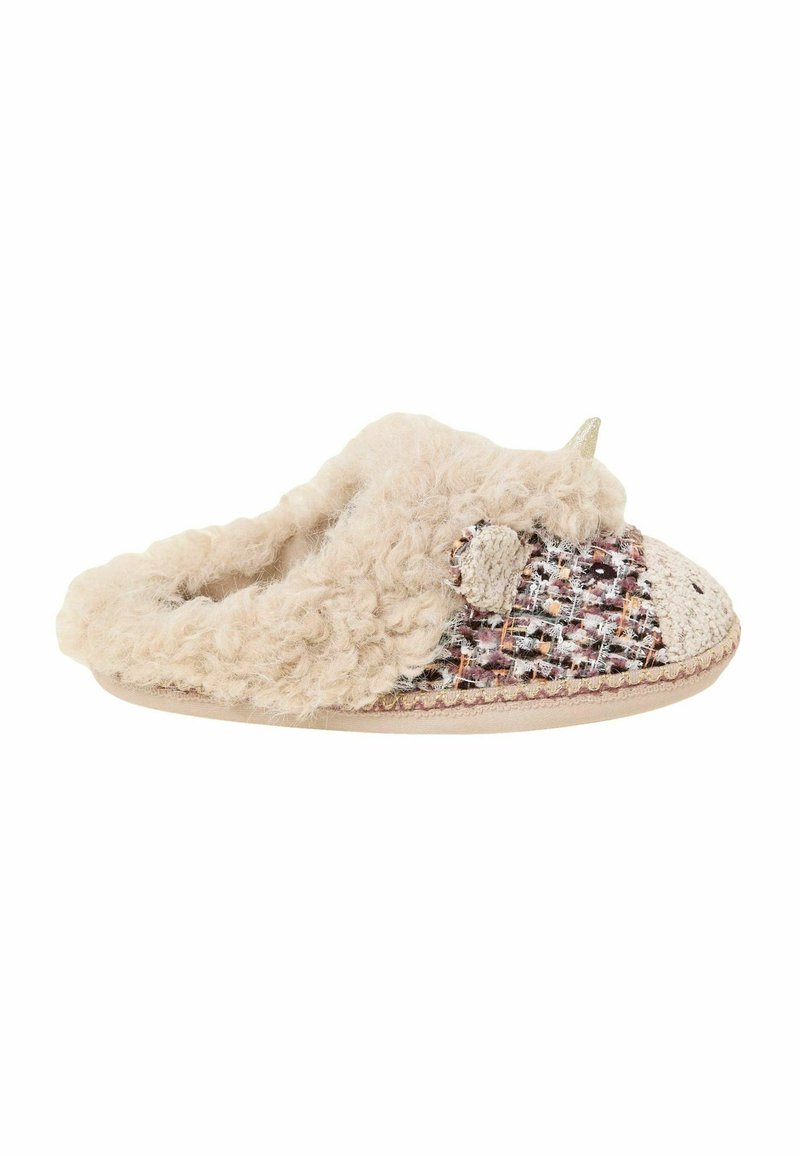 Cozy slipper with a textured beige and multicolored woven fabric, fluffy beige fur lining, decorative accents, and a glittery horn feature.