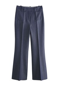 Pantalon bleu foncé à jambes droites avec poches plaquées à l'avant et passants pour ceinture, fabriqué dans un tissu tissé lisse.