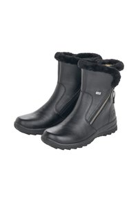 Black leather ankle boots with a textured finish, faux fur lining at the top, side zipper, and a rugged rubber sole for traction.