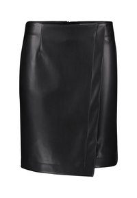 Schwarzer Wildleder-Minirock mit Wickeldesign, glatter Textur und einem unsichtbaren Reißverschluss an der Seite für den Verschluss.