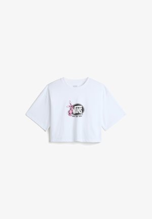 Weißes, verkürztes T-Shirt aus Baumwolle mit einem pinken Hasen-Graphic neben einem schwarzen ovalen Logo mit dem Text "VANS OFF THE WALL". Kurze Ärmel.