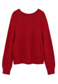 Czerwona, dziana sweter z prążkowaną fakturą, szerokim dekoltem i opadającymi ramionami. Posiada długie rękawy i krótki krój.