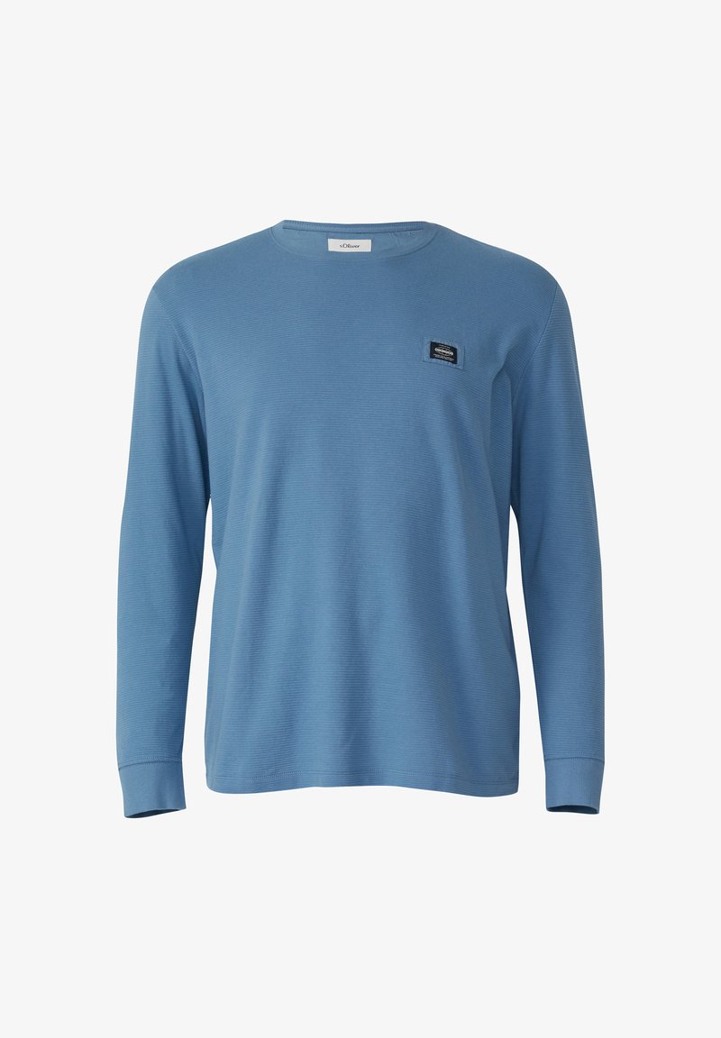 Maglietta a maniche lunghe blu con una texture a coste, scollo rotondo e una piccola toppa con il logo sulla parte sinistra del petto. Tessuto in misto cotone.