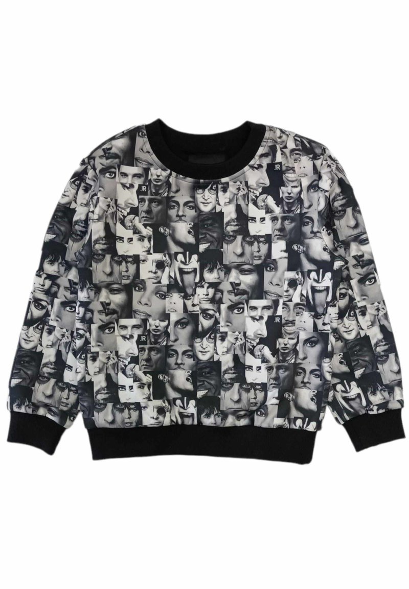 Felpa grafica con collezione di volti in bianco e nero, con colletto rotondo e polsini e orlo a coste neri.