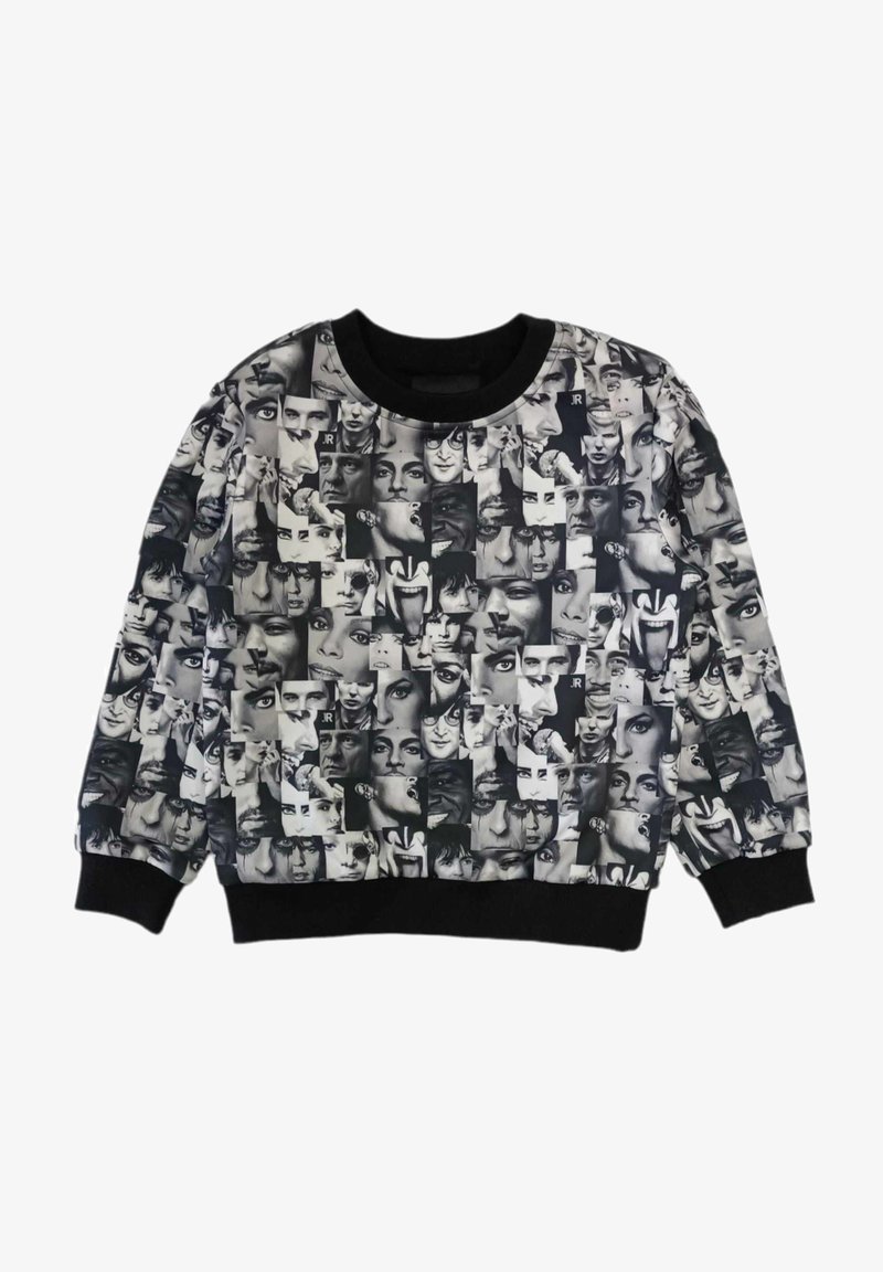 Felpa grafica con collezione di volti in bianco e nero, con colletto rotondo e polsini e orlo a coste neri.