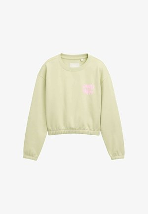 Jasnozielony, krótki sweatshirt z długimi rękawami i różowym napisem "Wybierz Szczęście" na lewej piersi.