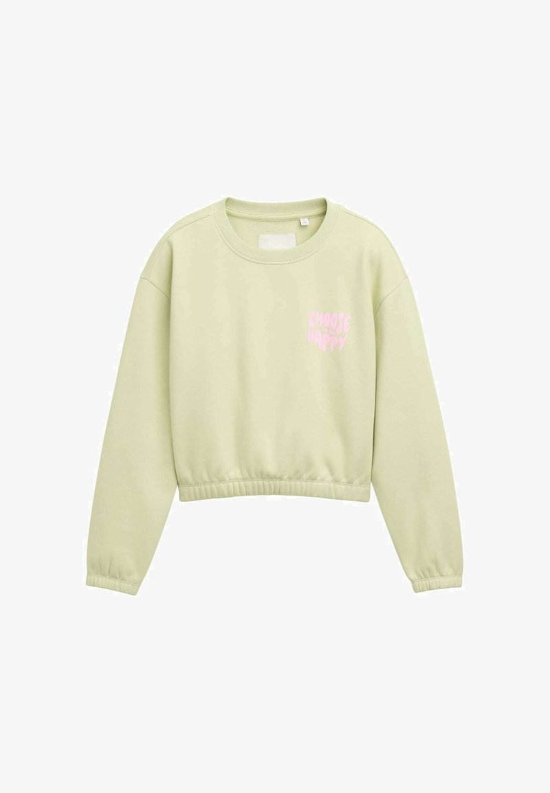 Felpa corta verde chiaro con maniche lunghe e testo rosa "Choose Happy" sul lato sinistro del petto.