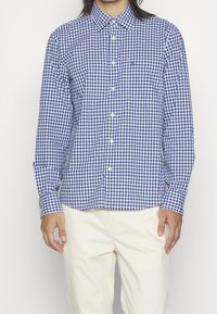 Blauw-wit geruite langekousen met een button-down kraag, met mouwen en een borstzak, gedragen met lichtgekleurde broek.