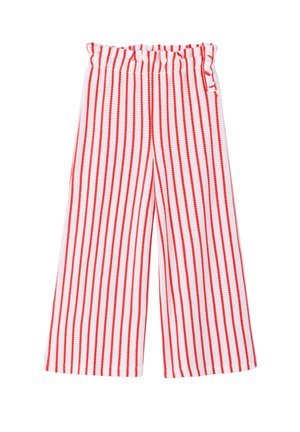 Weiße Hosen mit weitem Bein und elastischem Bund, versehen mit vertikalen roten Zickzackstreifen.