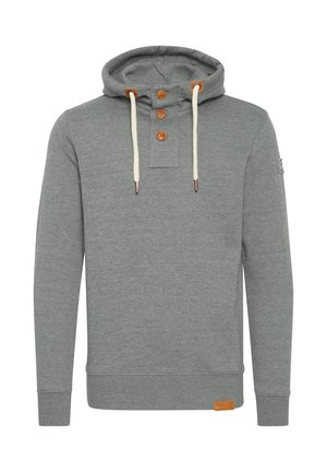 Szara bluza z kapturem wykonana z mieszanki bawełny, z wysokim dekoltem, trzema guzikami, kremowymi sznurkami oraz skórzaną metką marki u dołu.