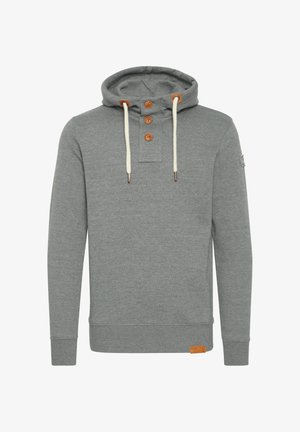 Szara bluza z kapturem wykonana z mieszanki bawełny, z wysokim dekoltem, trzema guzikami, kremowymi sznurkami oraz skórzaną metką marki u dołu.