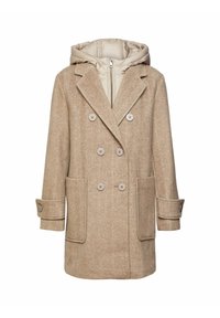 Beżowy płaszcz w jodełkę z odpinanym kapturem, dwurzędowy, z dwoma kieszeniami i ozdobnymi guzikami na mankietach.