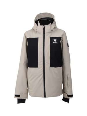 Beige en zwarte winterjas met capuchon, vooraan met ritssluiting, verstelbare manchetten, een gebrandmerkt borstpatch en een logo patch op de mouw.
