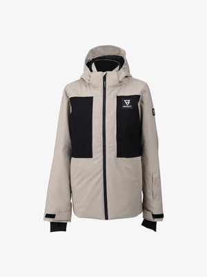 Beige a černá zimní bunda s kapucí, s předním zipem, nastavitelnými manžetami, značkovou nášivkou na hrudi a nášivkou na rukávu.