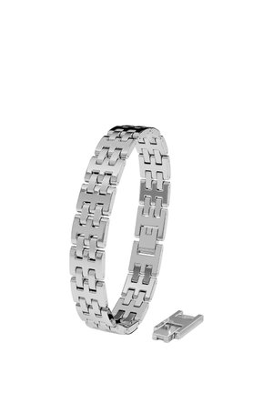 Silver metal link watch band with detachable clasp piece shown separately on white background.