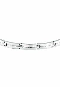 Bracciale in metallo silver con segmenti rettangolari collegati e finitura lucida. Caratterizzato da un design elegante e una texture liscia.